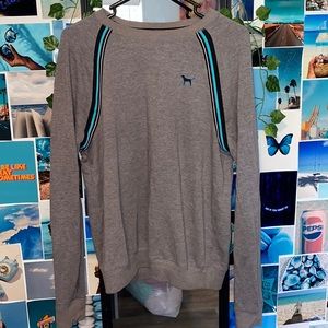 PINK Gray crew neck with blue and black detailing.